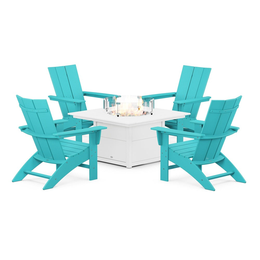 POLYWOOD® Modern Curveback Adirondack 5-Piece Conversation Set with Fire Pit Table - PWS412-1 Fire Table POLYWOOD®