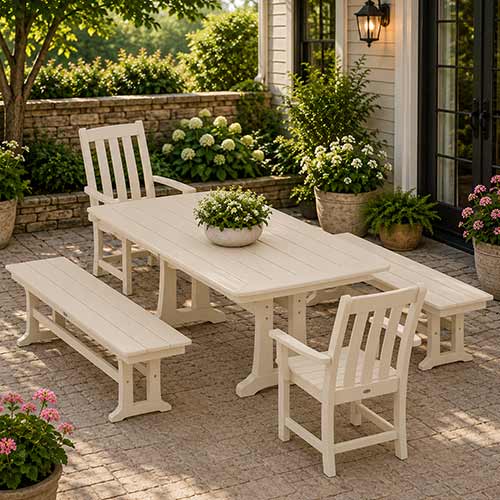 POLYWOOD® Vineyard 5-Piece Dining Set with Benches and Trestle Legs - PWS1064-1