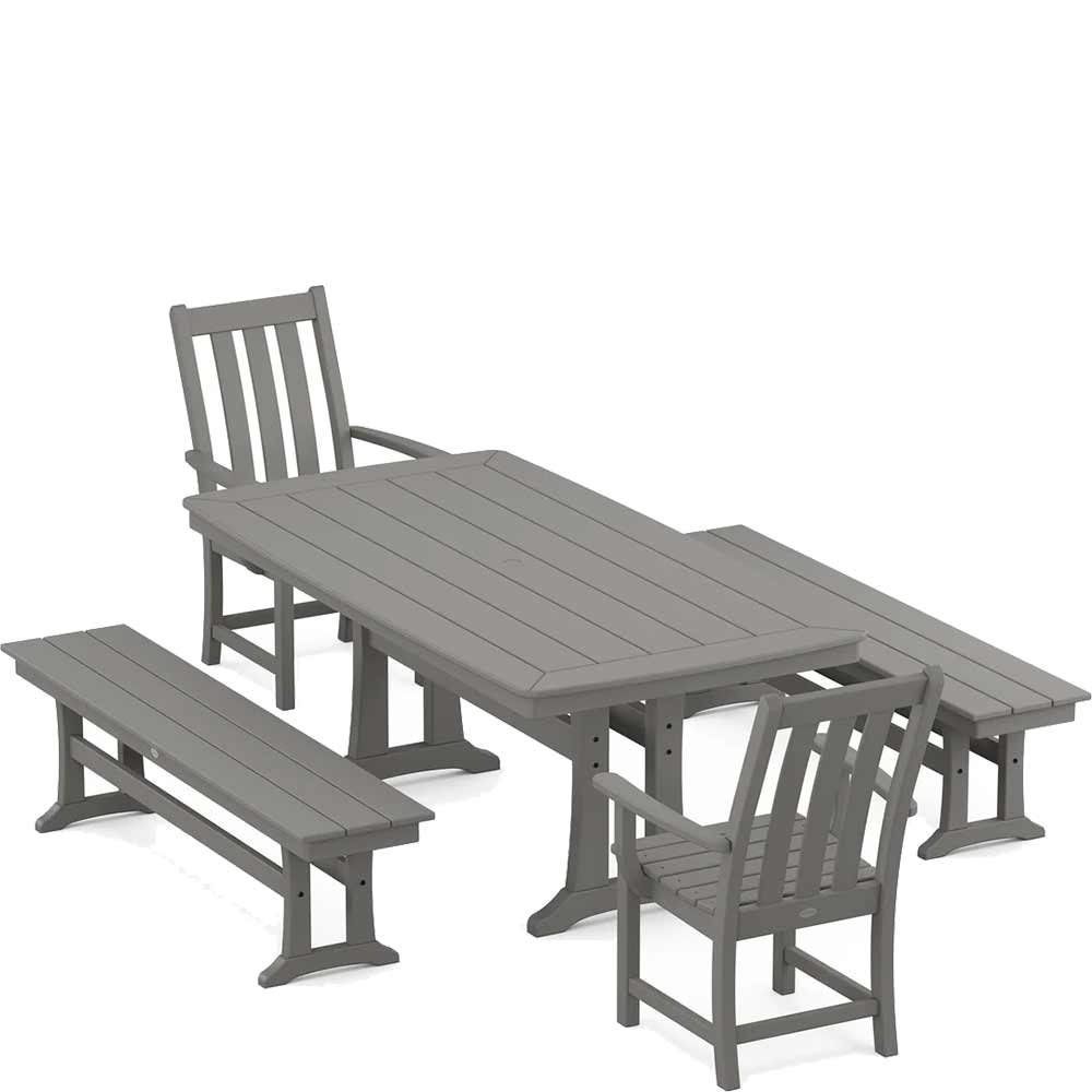 POLYWOOD® Vineyard 5-Piece Dining Set with Benches and Trestle Legs - PWS1064-1