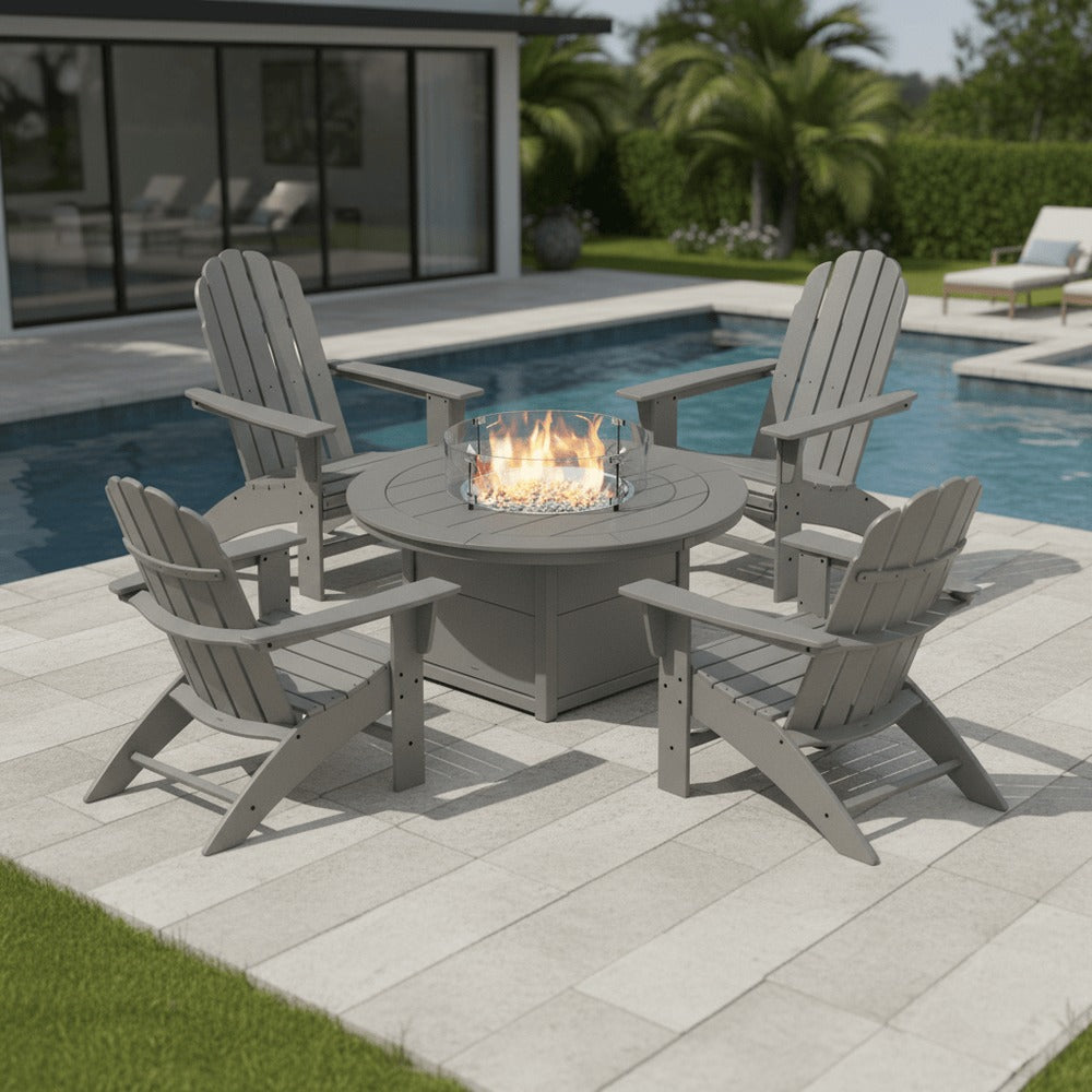 POLYWOOD® Vineyard Curveback Adirondack 5-Piece Conversation Set with Fire Pit Table - PWS709-1 Fire Table POLYWOOD®