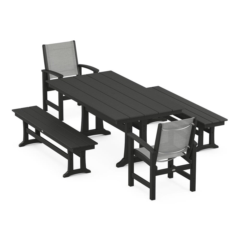 POLYWOOD® - Coastal 5-Piece Farmhouse Dining Set with Trestle Legs and Benches - PWS1000