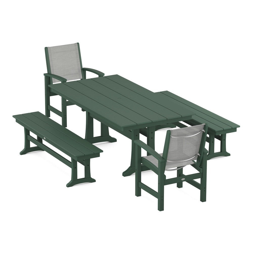 POLYWOOD® - Coastal 5-Piece Farmhouse Dining Set with Trestle Legs and Benches - PWS1000