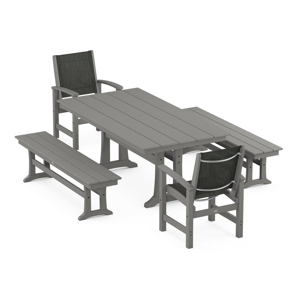 POLYWOOD® - Coastal 5-Piece Farmhouse Dining Set with Trestle Legs and Benches - PWS1000 Outdoor Furniture POLYWOOD®
