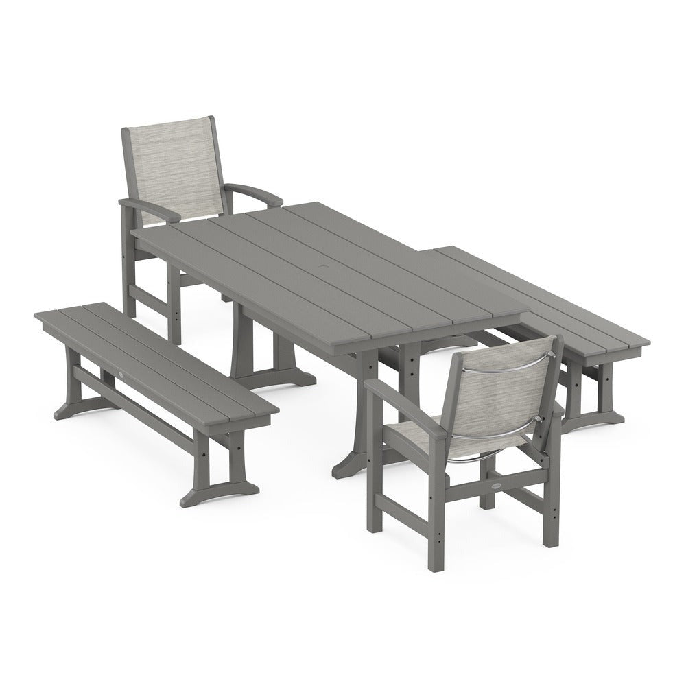 POLYWOOD® - Coastal 5-Piece Farmhouse Dining Set with Trestle Legs and Benches - PWS1000
