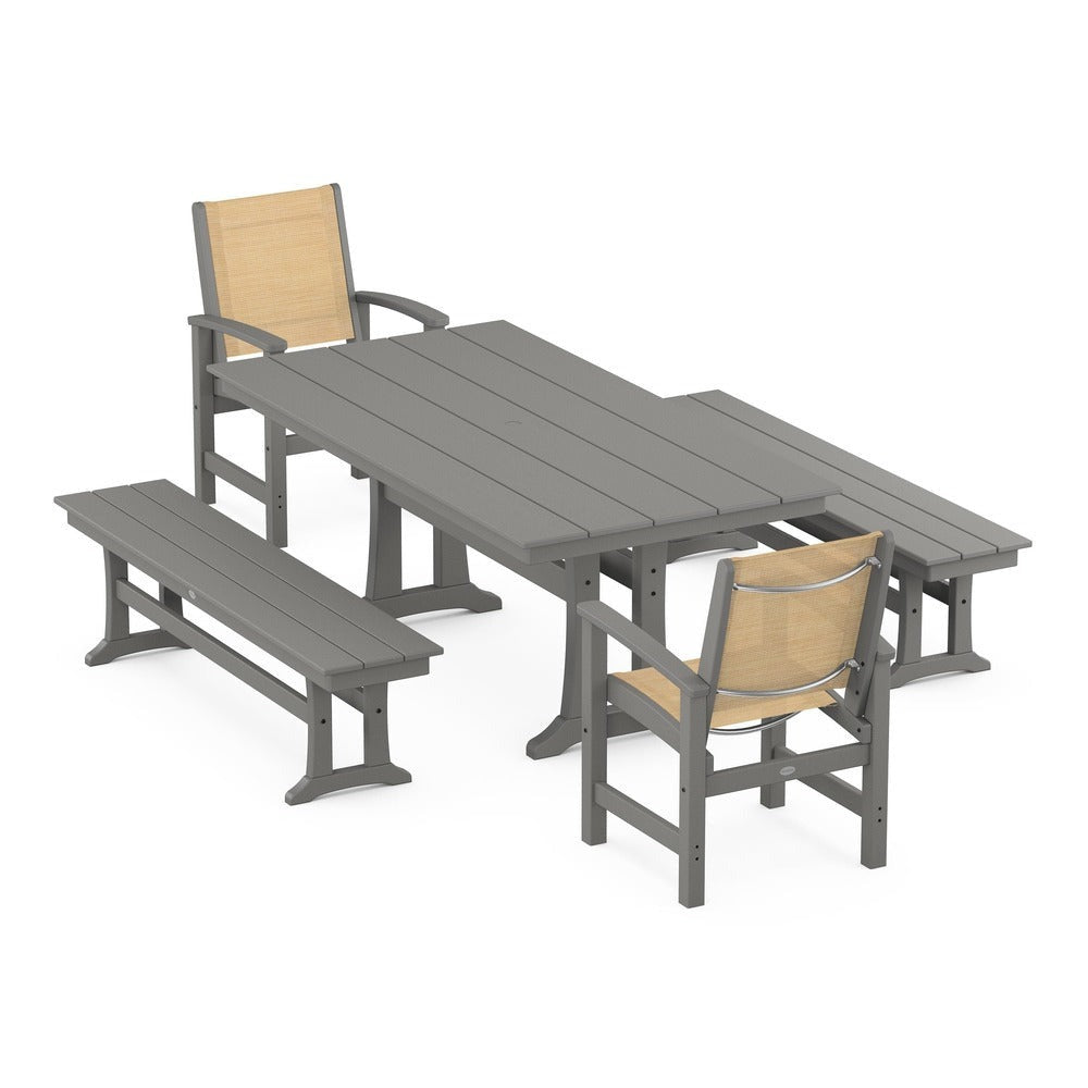 POLYWOOD® - Coastal 5-Piece Farmhouse Dining Set with Trestle Legs and Benches - PWS1000
