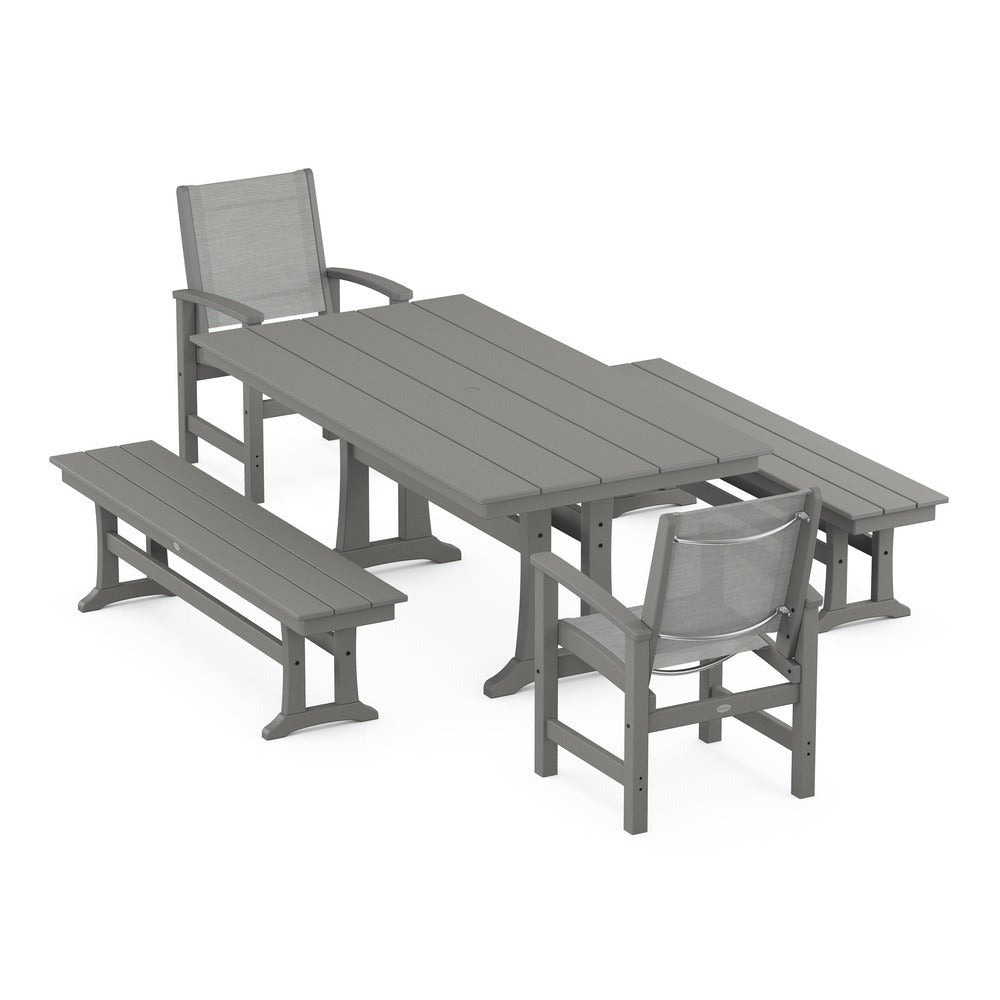 POLYWOOD® - Coastal 5-Piece Farmhouse Dining Set with Trestle Legs and Benches - PWS1000