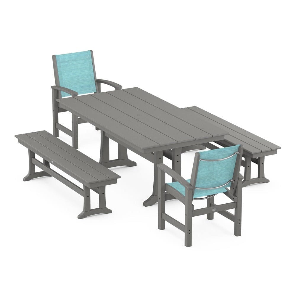 POLYWOOD® - Coastal 5-Piece Farmhouse Dining Set with Trestle Legs and Benches - PWS1000
