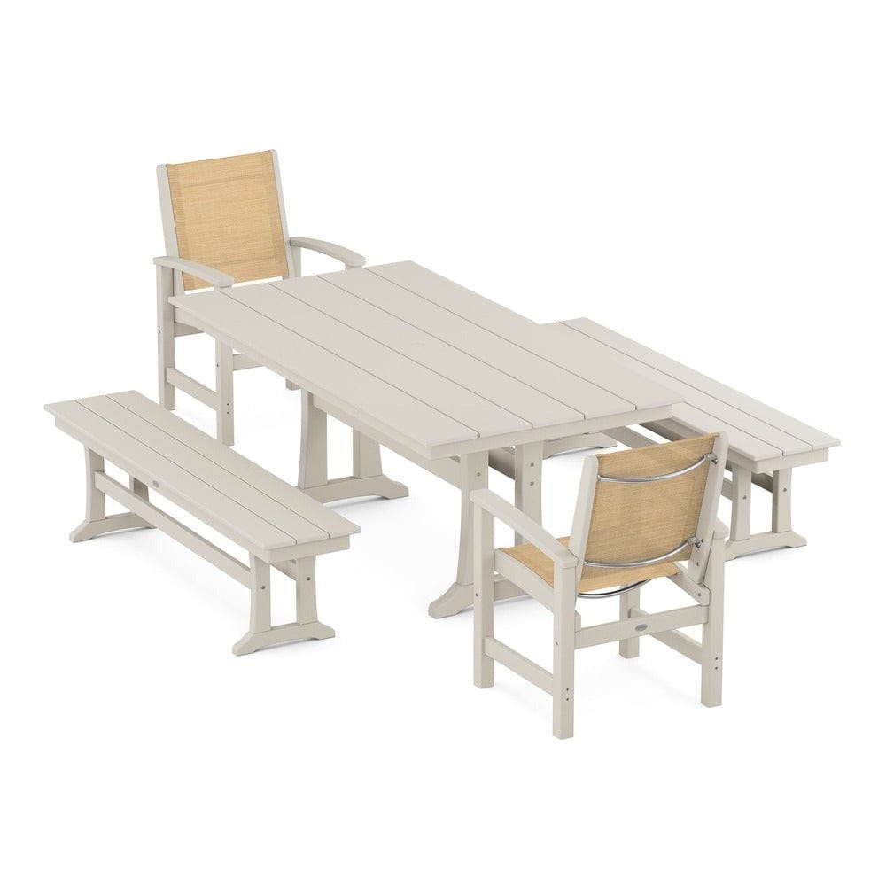 POLYWOOD® - Coastal 5-Piece Farmhouse Dining Set with Trestle Legs and Benches - PWS1000 Outdoor Furniture POLYWOOD®