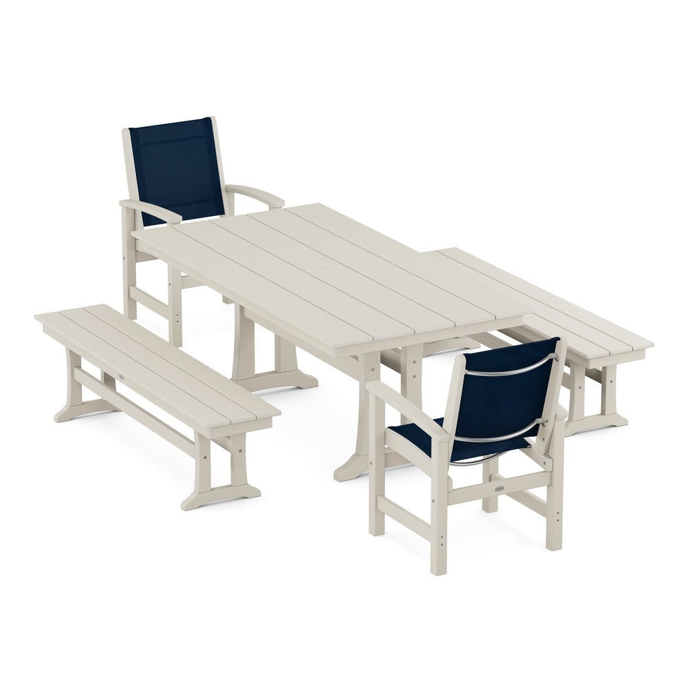 POLYWOOD® - Coastal 5-Piece Farmhouse Dining Set with Trestle Legs and Benches - PWS1000