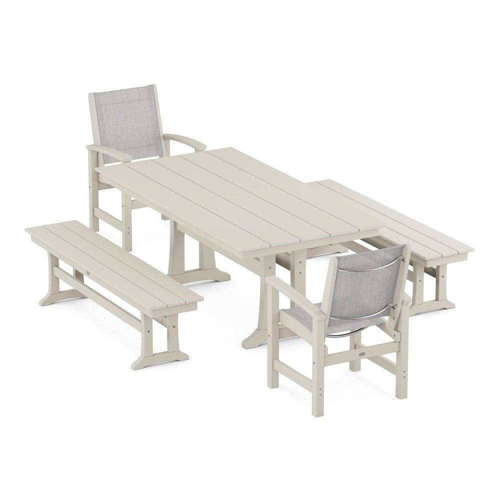 POLYWOOD® - Coastal 5-Piece Farmhouse Dining Set with Trestle Legs and Benches - PWS1000