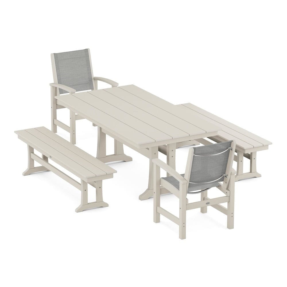 POLYWOOD® - Coastal 5-Piece Farmhouse Dining Set with Trestle Legs and Benches - PWS1000