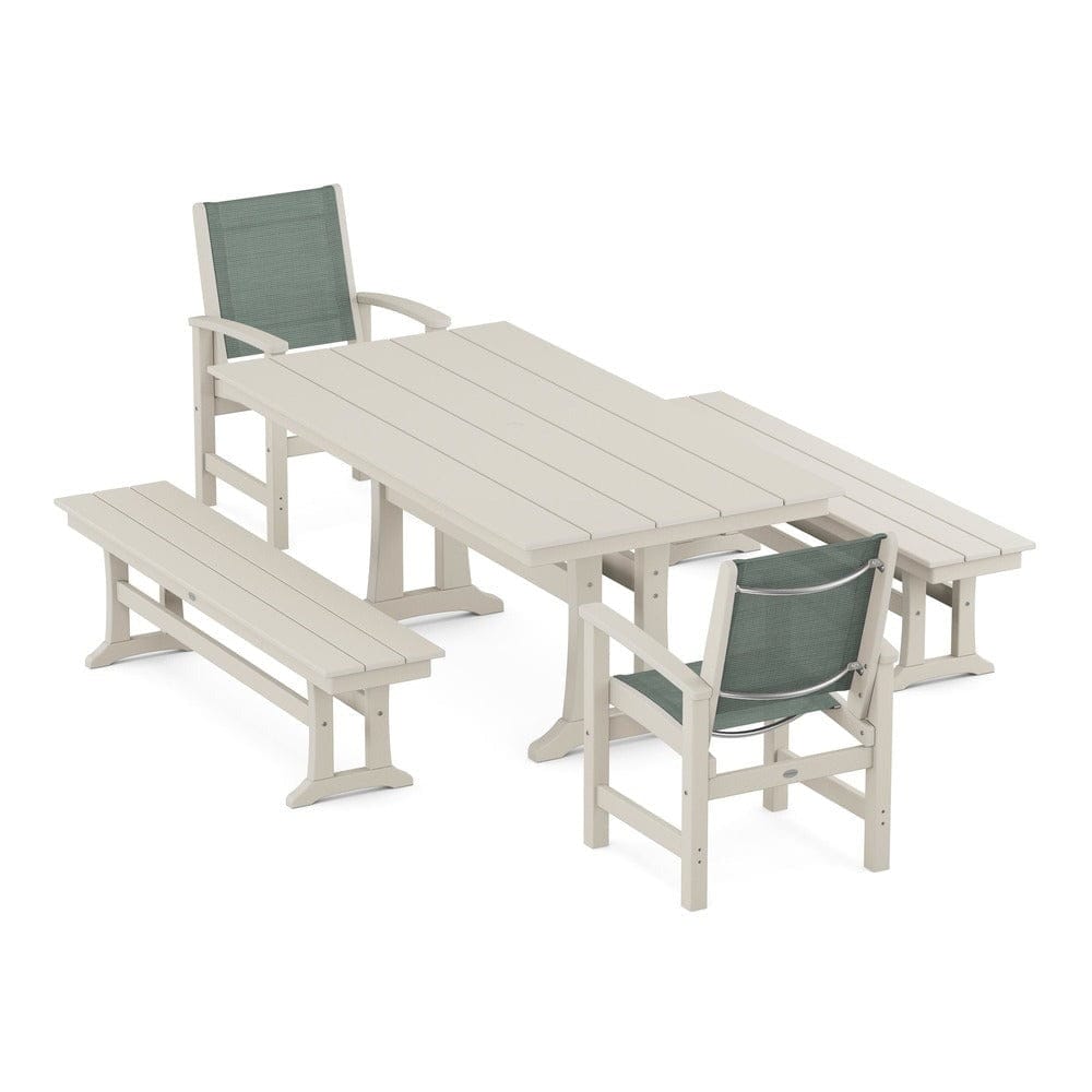 POLYWOOD® - Coastal 5-Piece Farmhouse Dining Set with Trestle Legs and Benches - PWS1000