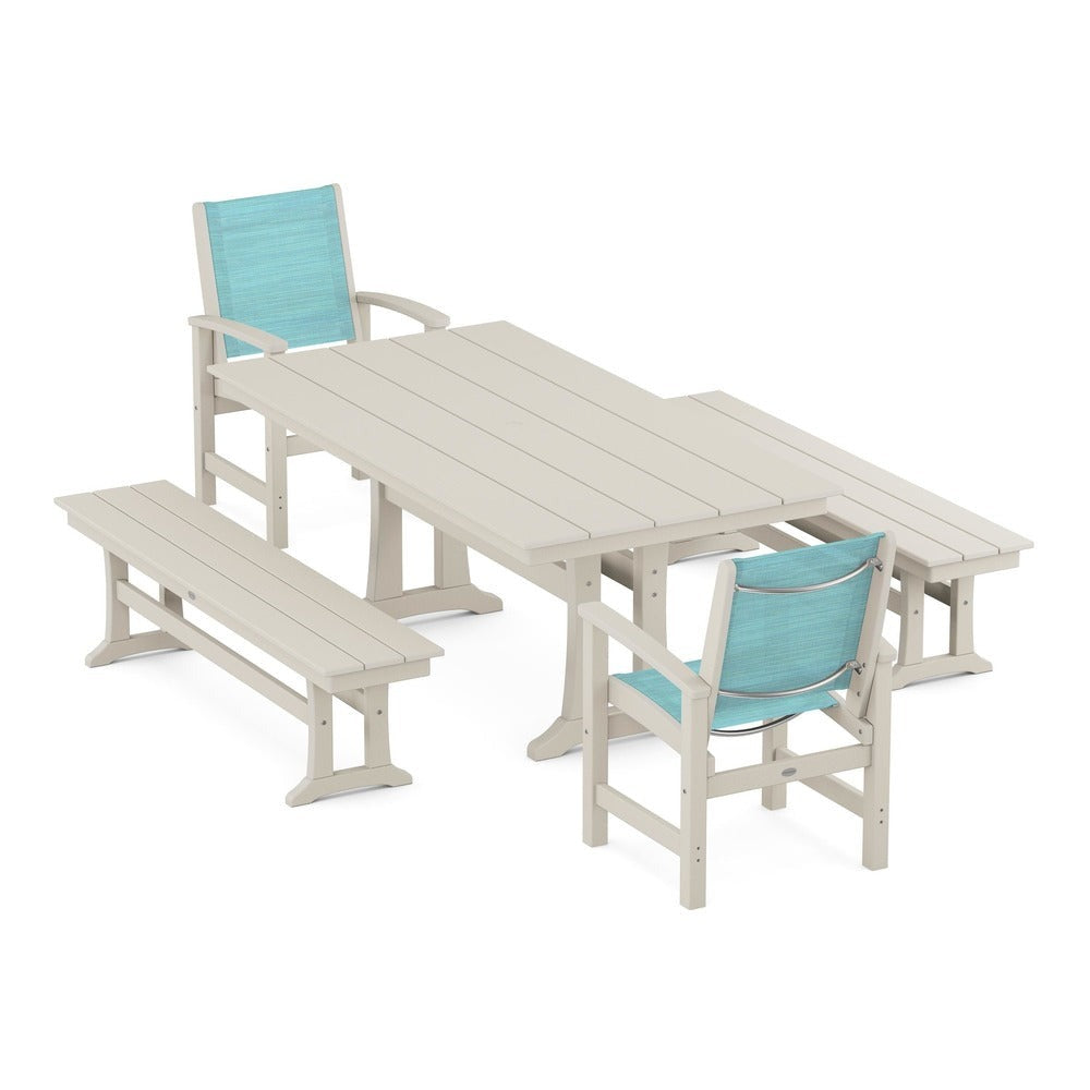 POLYWOOD® - Coastal 5-Piece Farmhouse Dining Set with Trestle Legs and Benches - PWS1000