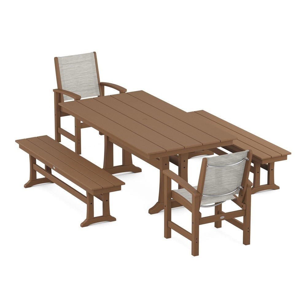 POLYWOOD® - Coastal 5-Piece Farmhouse Dining Set with Trestle Legs and Benches - PWS1000