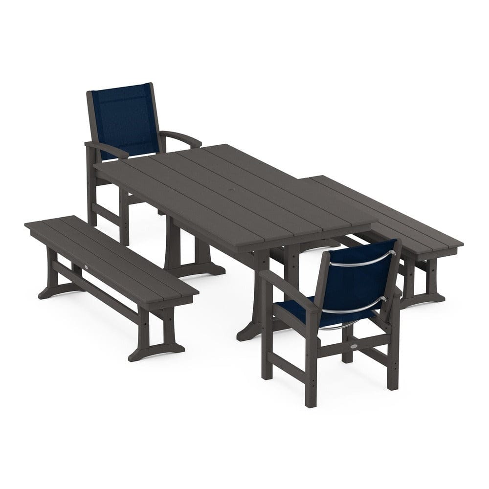 POLYWOOD® - Coastal 5-Piece Farmhouse Dining Set with Trestle Legs and Benches - PWS1000