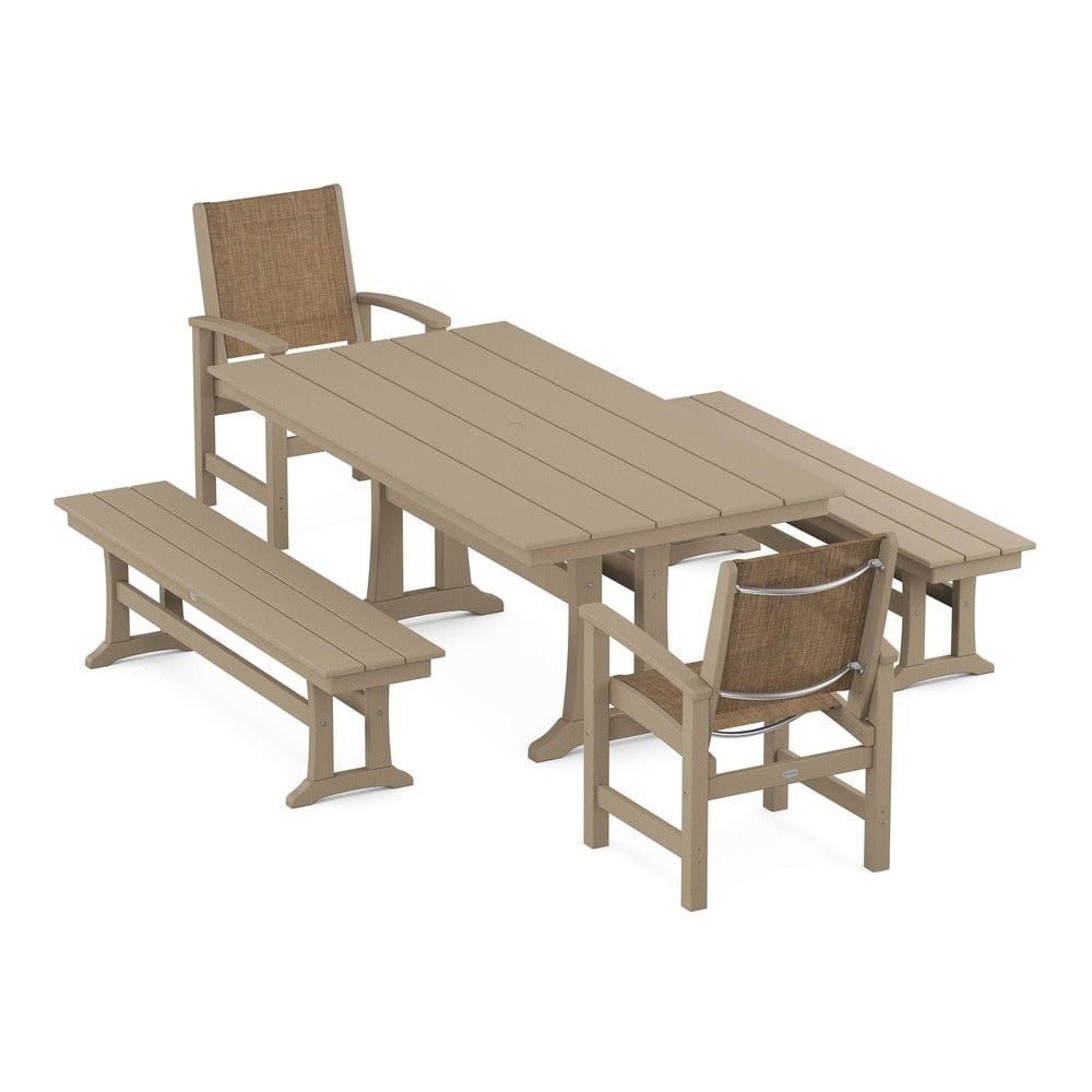 POLYWOOD® - Coastal 5-Piece Farmhouse Dining Set with Trestle Legs and Benches - PWS1000