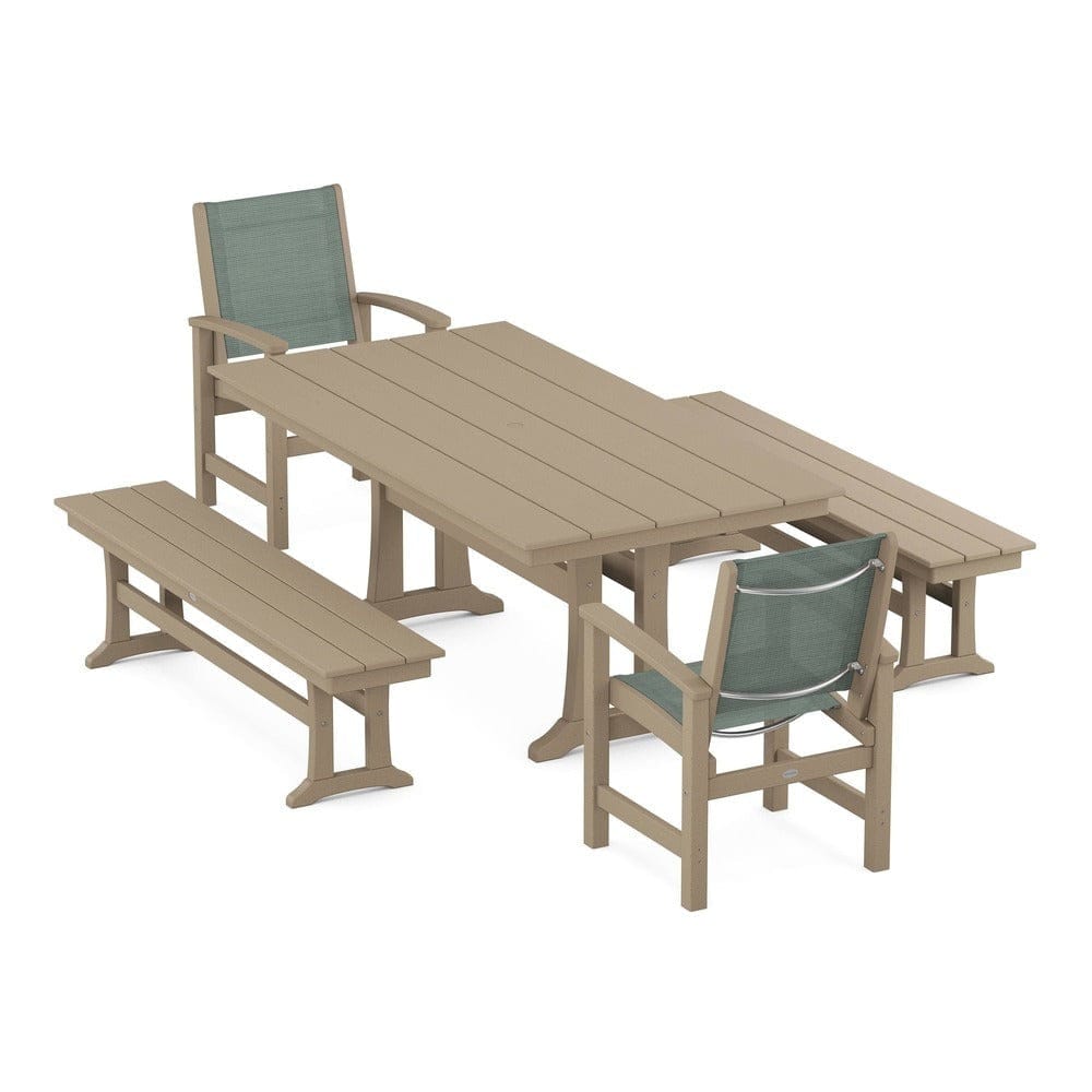 POLYWOOD® - Coastal 5-Piece Farmhouse Dining Set with Trestle Legs and Benches - PWS1000
