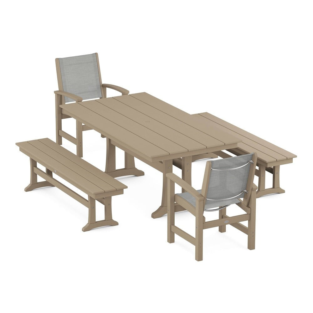 POLYWOOD® - Coastal 5-Piece Farmhouse Dining Set with Trestle Legs and Benches - PWS1000