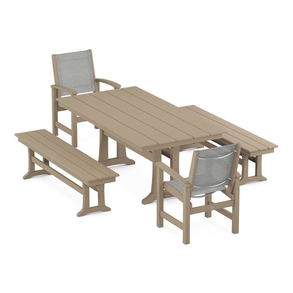 POLYWOOD® - Coastal 5-Piece Farmhouse Dining Set with Trestle Legs and Benches - PWS1000