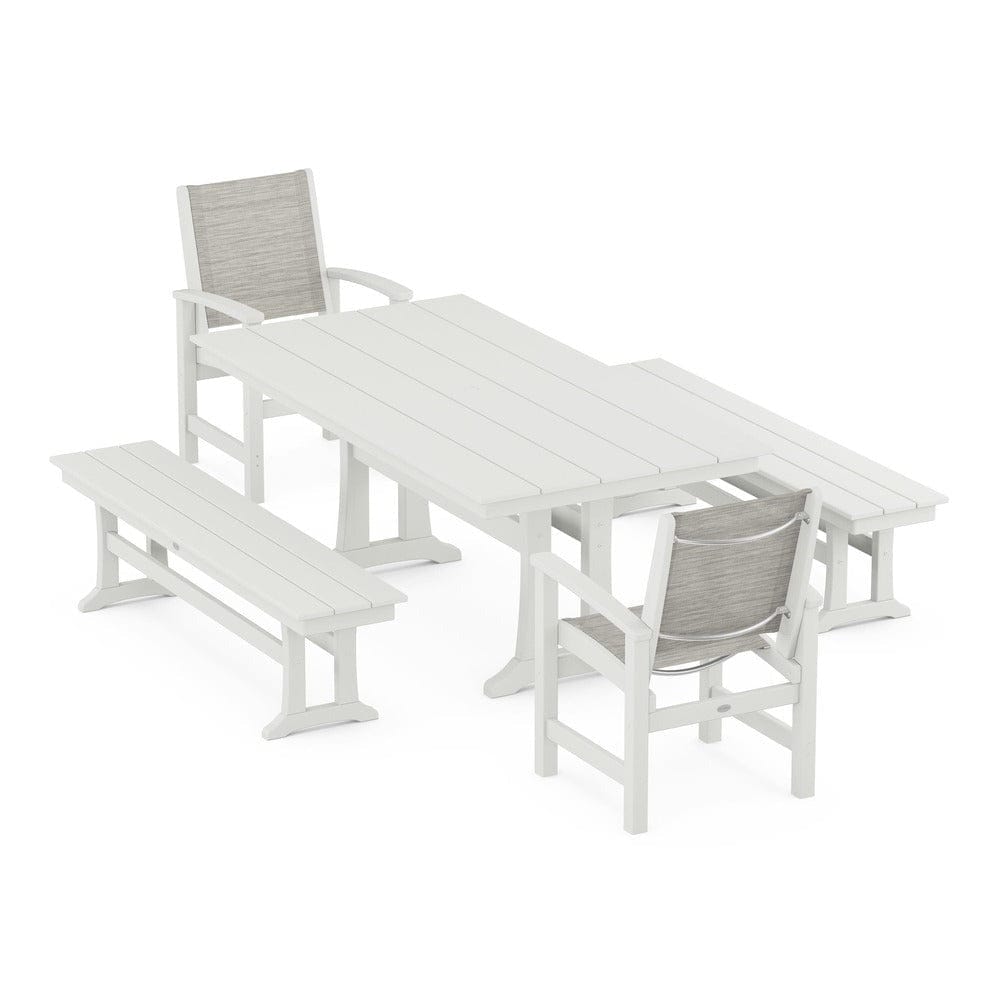 POLYWOOD® - Coastal 5-Piece Farmhouse Dining Set with Trestle Legs and Benches - PWS1000