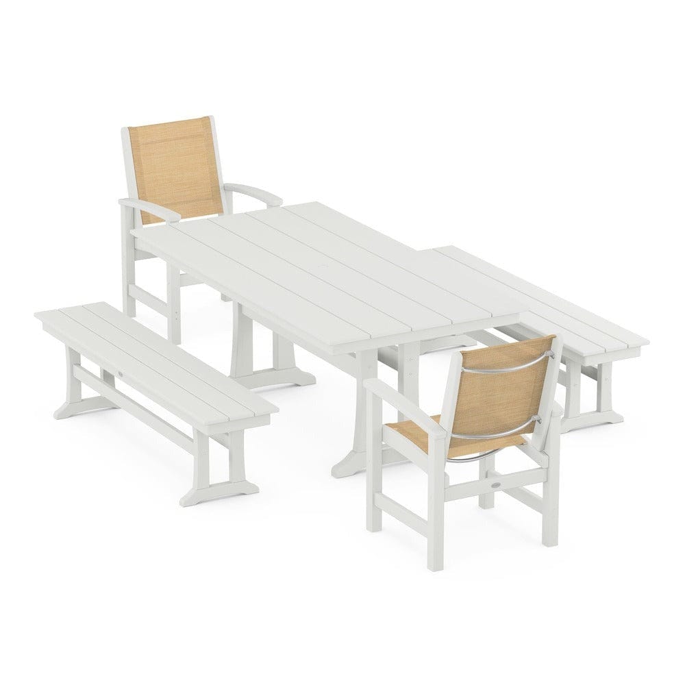POLYWOOD® - Coastal 5-Piece Farmhouse Dining Set with Trestle Legs and Benches - PWS1000