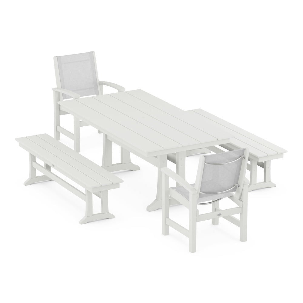 POLYWOOD® - Coastal 5-Piece Farmhouse Dining Set with Trestle Legs and Benches - PWS1000