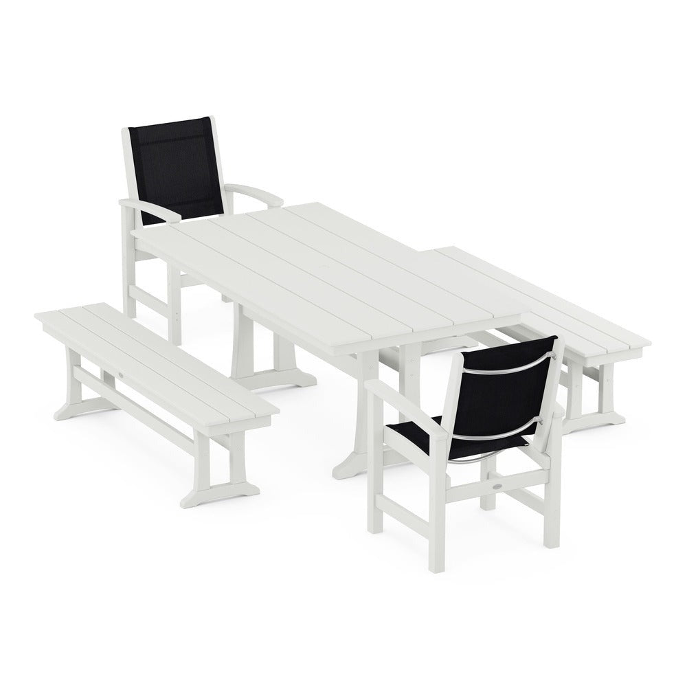 POLYWOOD® - Coastal 5-Piece Farmhouse Dining Set with Trestle Legs and Benches - PWS1000