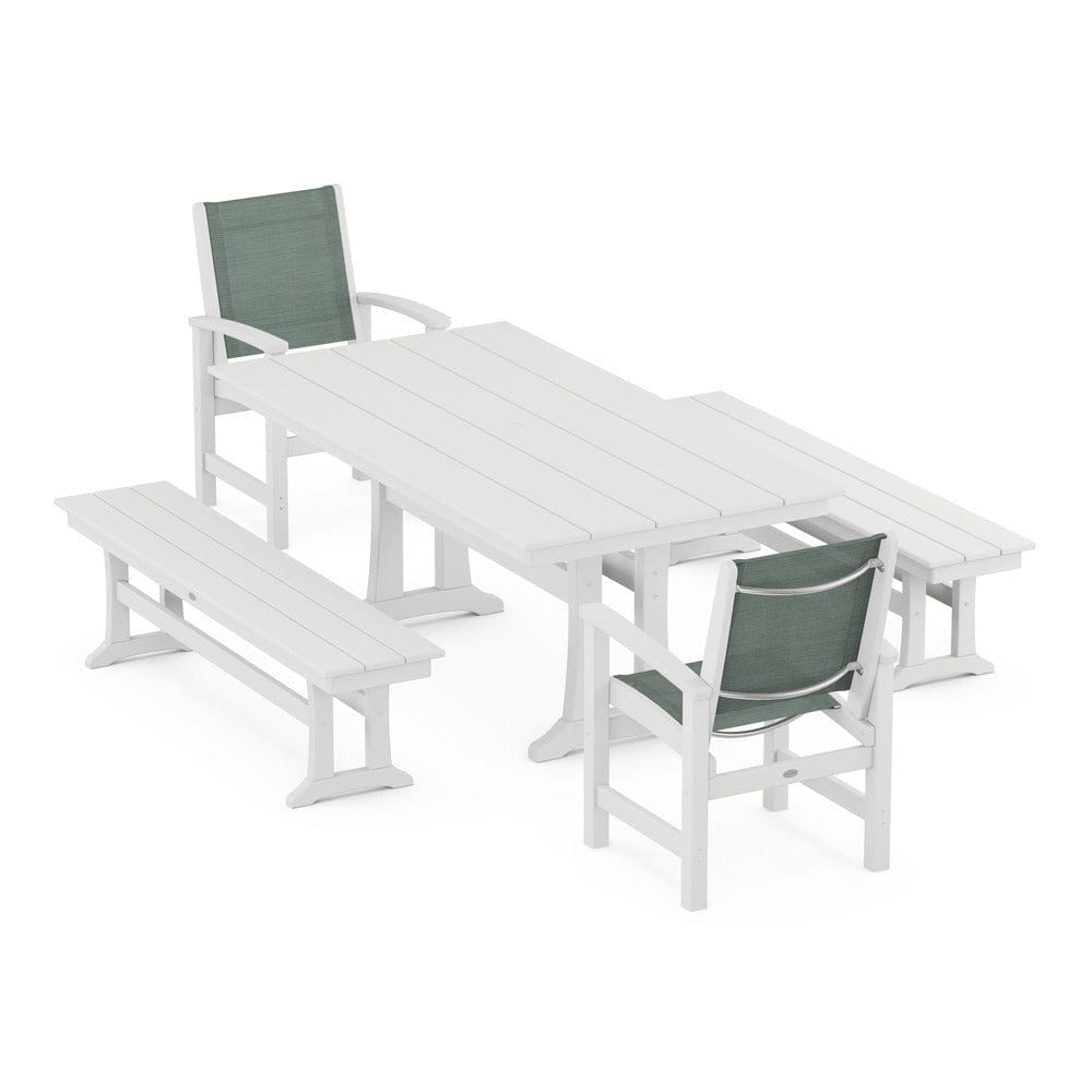 POLYWOOD® - Coastal 5-Piece Farmhouse Dining Set with Trestle Legs and Benches - PWS1000