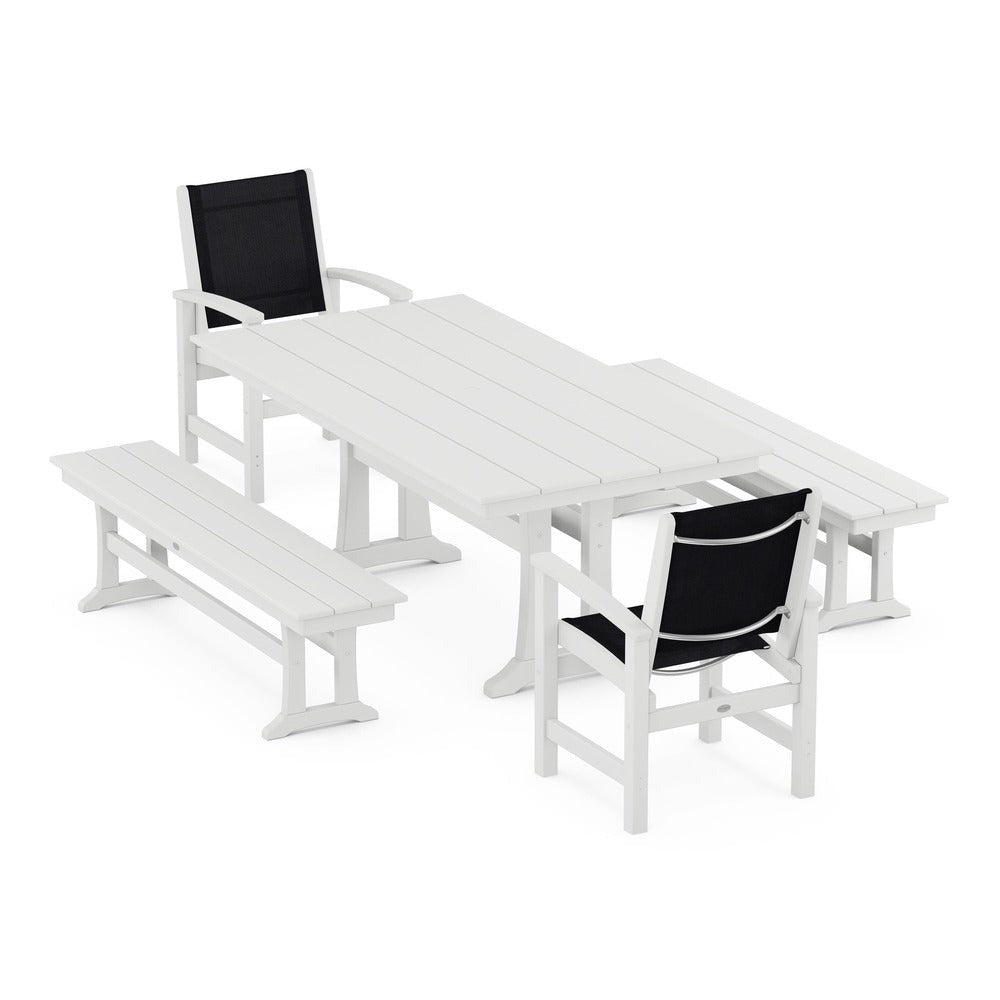 POLYWOOD® - Coastal 5-Piece Farmhouse Dining Set with Trestle Legs and Benches - PWS1000
