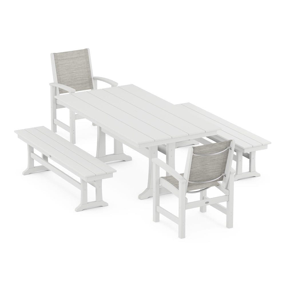 POLYWOOD® - Coastal 5-Piece Farmhouse Dining Set with Trestle Legs and Benches - PWS1000