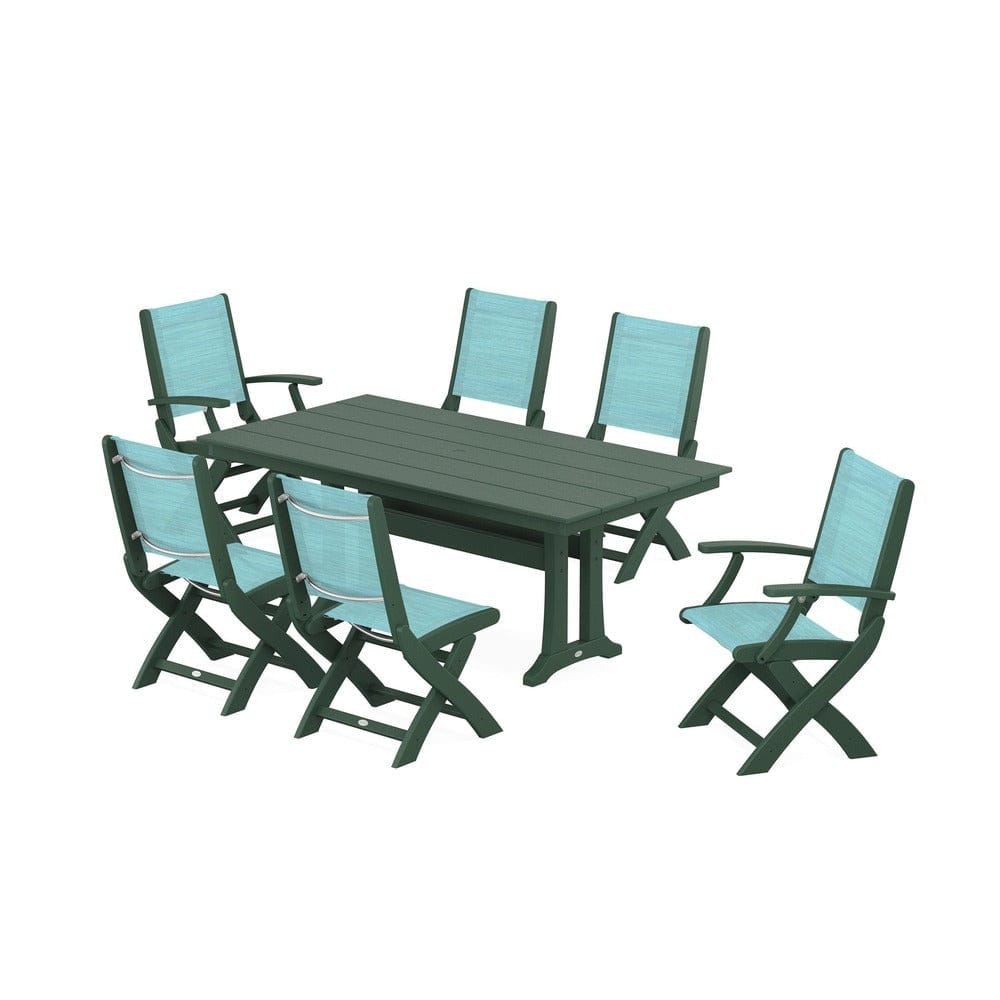 POLYWOOD® - Coastal Folding Chair 7-Piece Farmhouse Dining Set with Trestle Legs - PWS1001