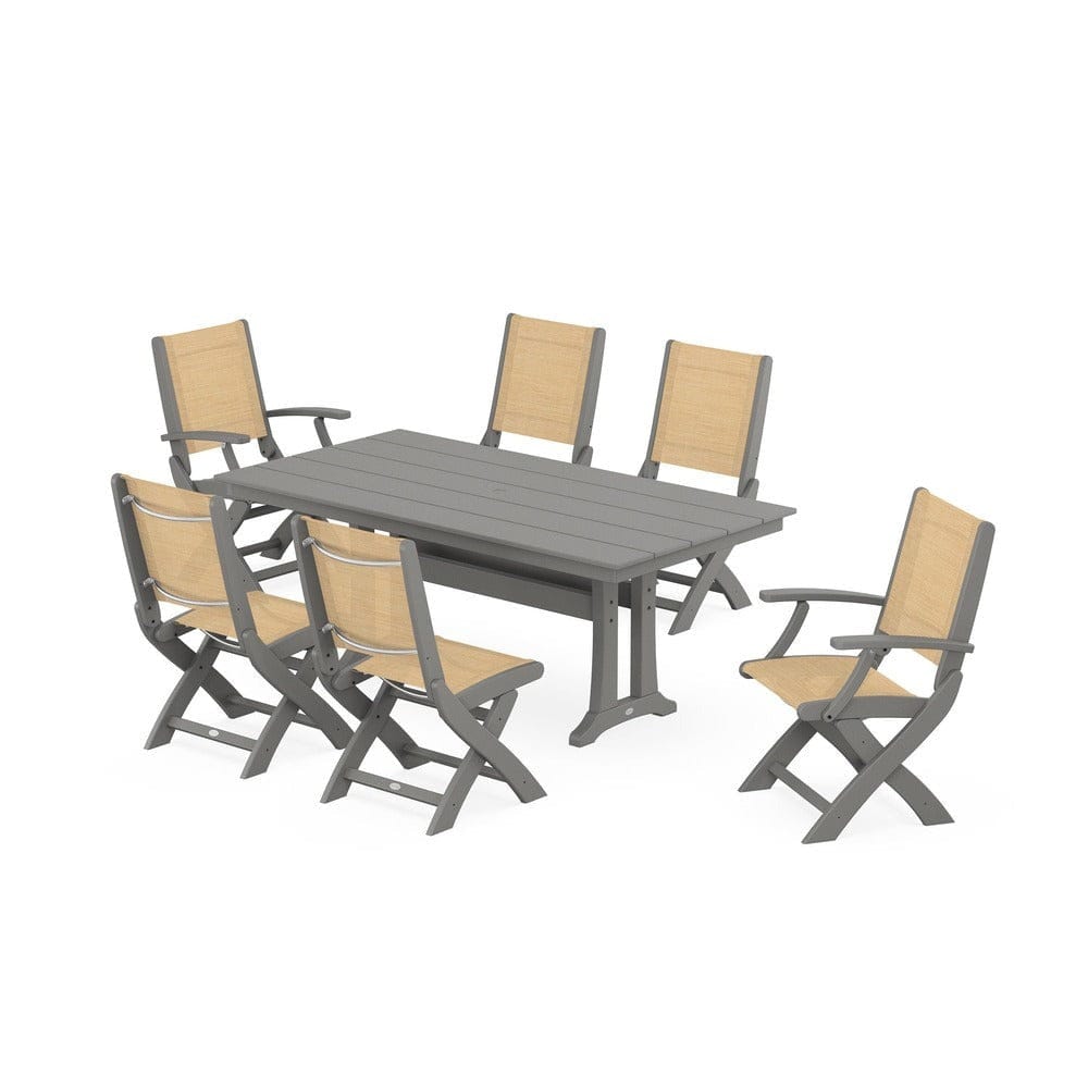 POLYWOOD® - Coastal Folding Chair 7-Piece Farmhouse Dining Set with Trestle Legs - PWS1001