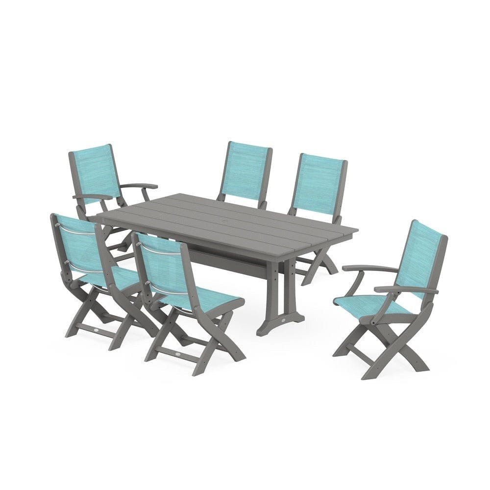 POLYWOOD® - Coastal Folding Chair 7-Piece Farmhouse Dining Set with Trestle Legs - PWS1001