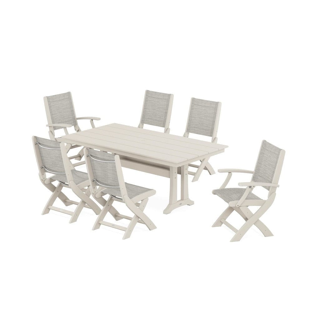POLYWOOD® - Coastal Folding Chair 7-Piece Farmhouse Dining Set with Trestle Legs - PWS1001 Outdoor Furniture POLYWOOD®