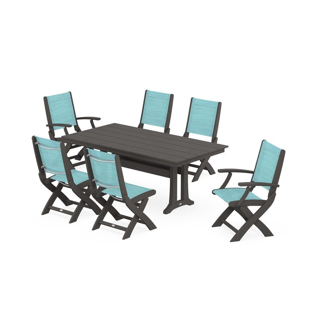 POLYWOOD® - Coastal Folding Chair 7-Piece Farmhouse Dining Set with Trestle Legs - PWS1001