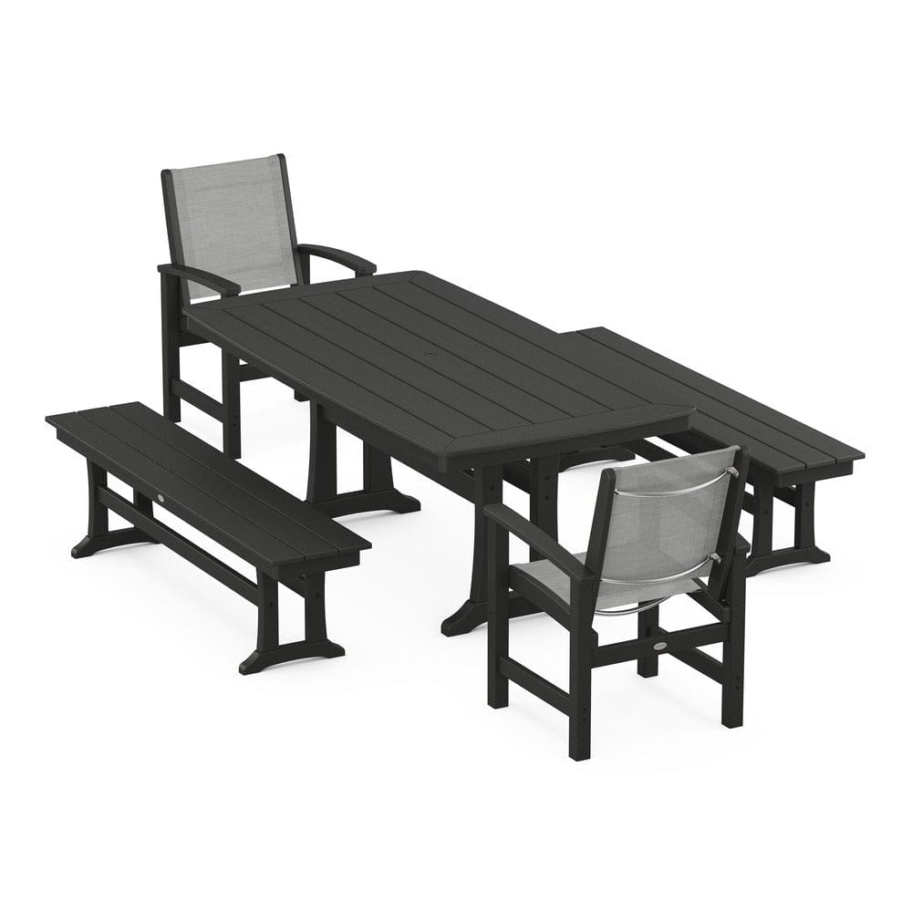 POLYWOOD® - Coastal 5-Piece Dining Set with Trestle Legs and Benches - PWS1036