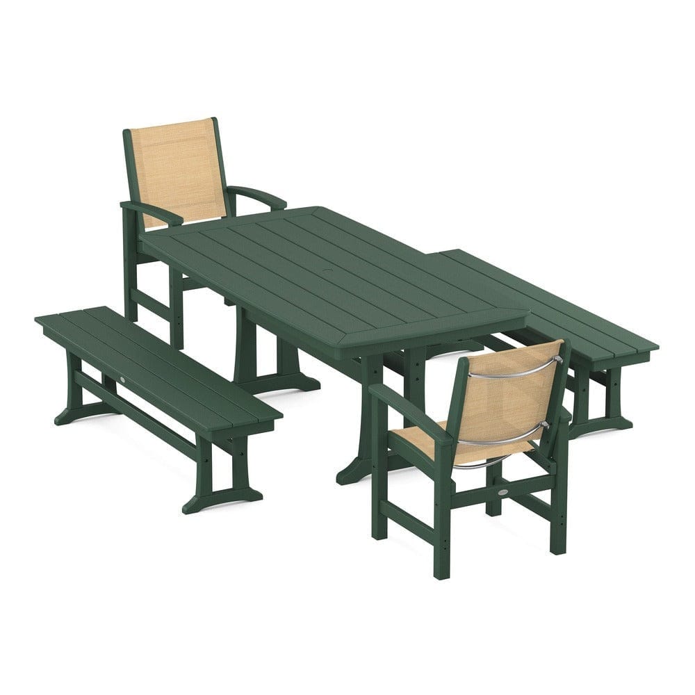 POLYWOOD® - Coastal 5-Piece Dining Set with Trestle Legs and Benches - PWS1036 Outdoor Furniture POLYWOOD®
