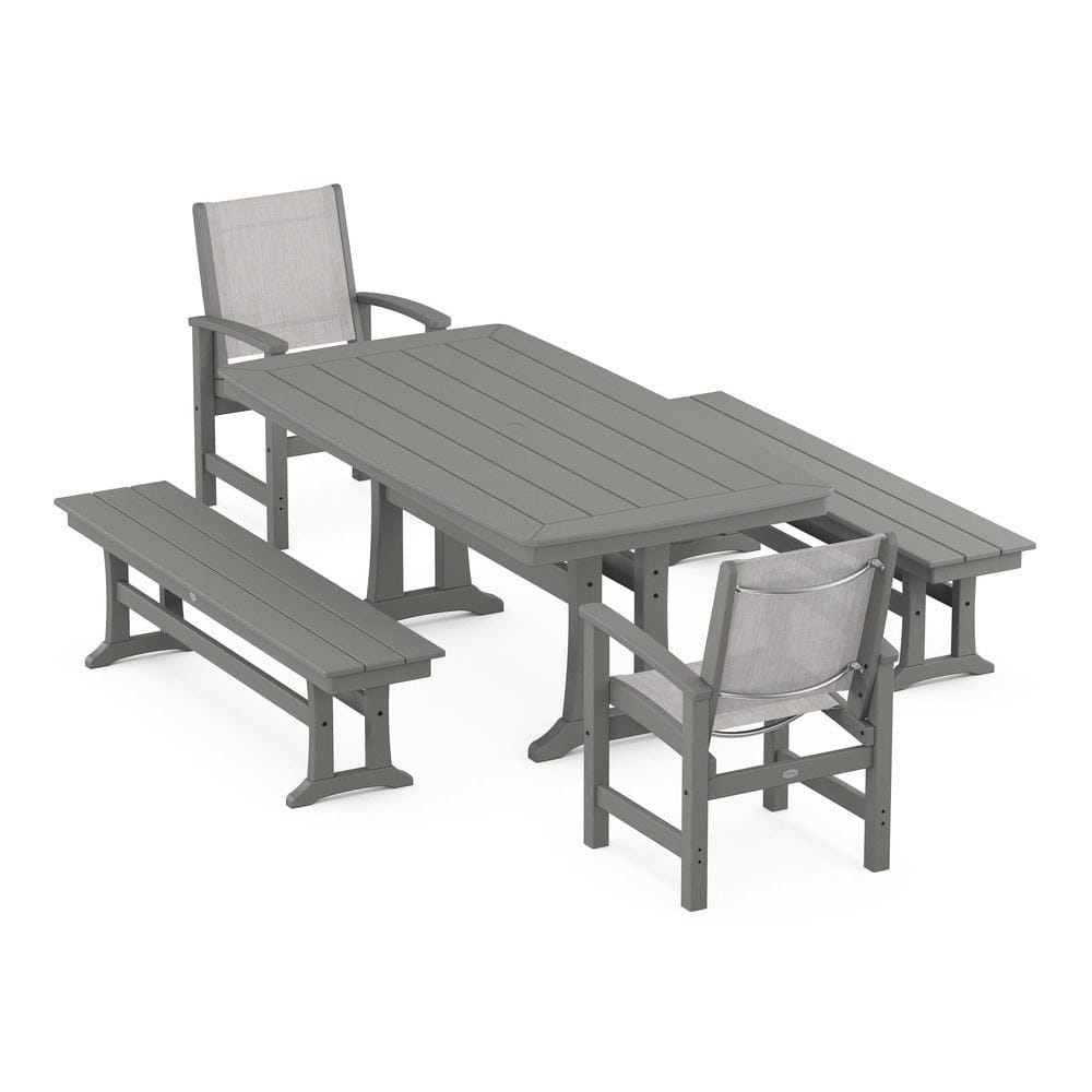 POLYWOOD® - Coastal 5-Piece Dining Set with Trestle Legs and Benches - PWS1036