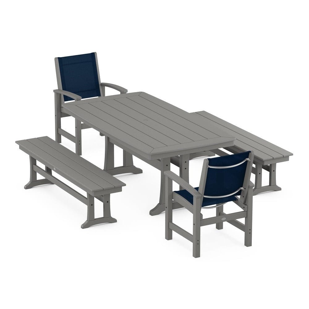 POLYWOOD® - Coastal 5-Piece Dining Set with Trestle Legs and Benches - PWS1036 Outdoor Furniture POLYWOOD®