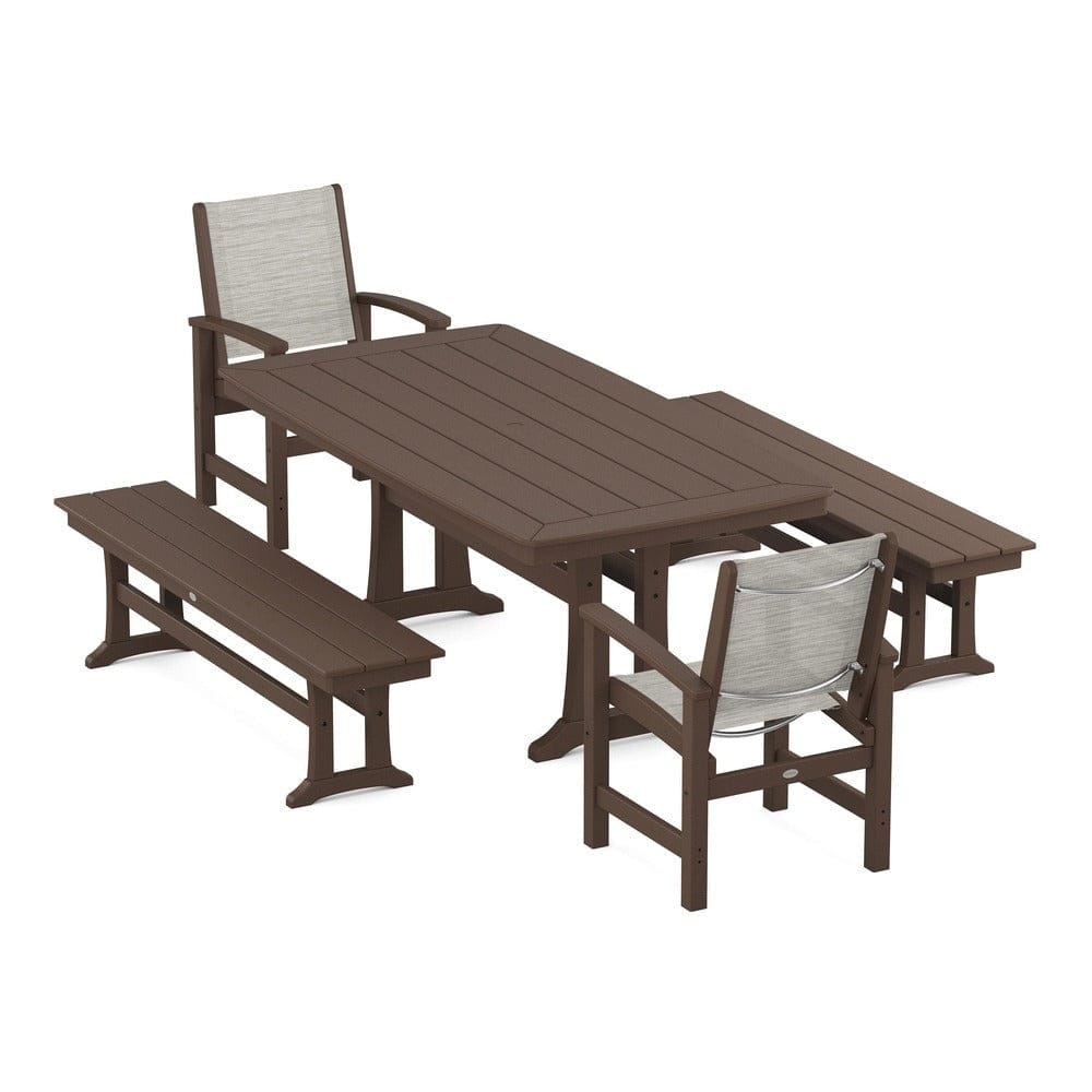 POLYWOOD® - Coastal 5-Piece Dining Set with Trestle Legs and Benches - PWS1036 Outdoor Furniture POLYWOOD®