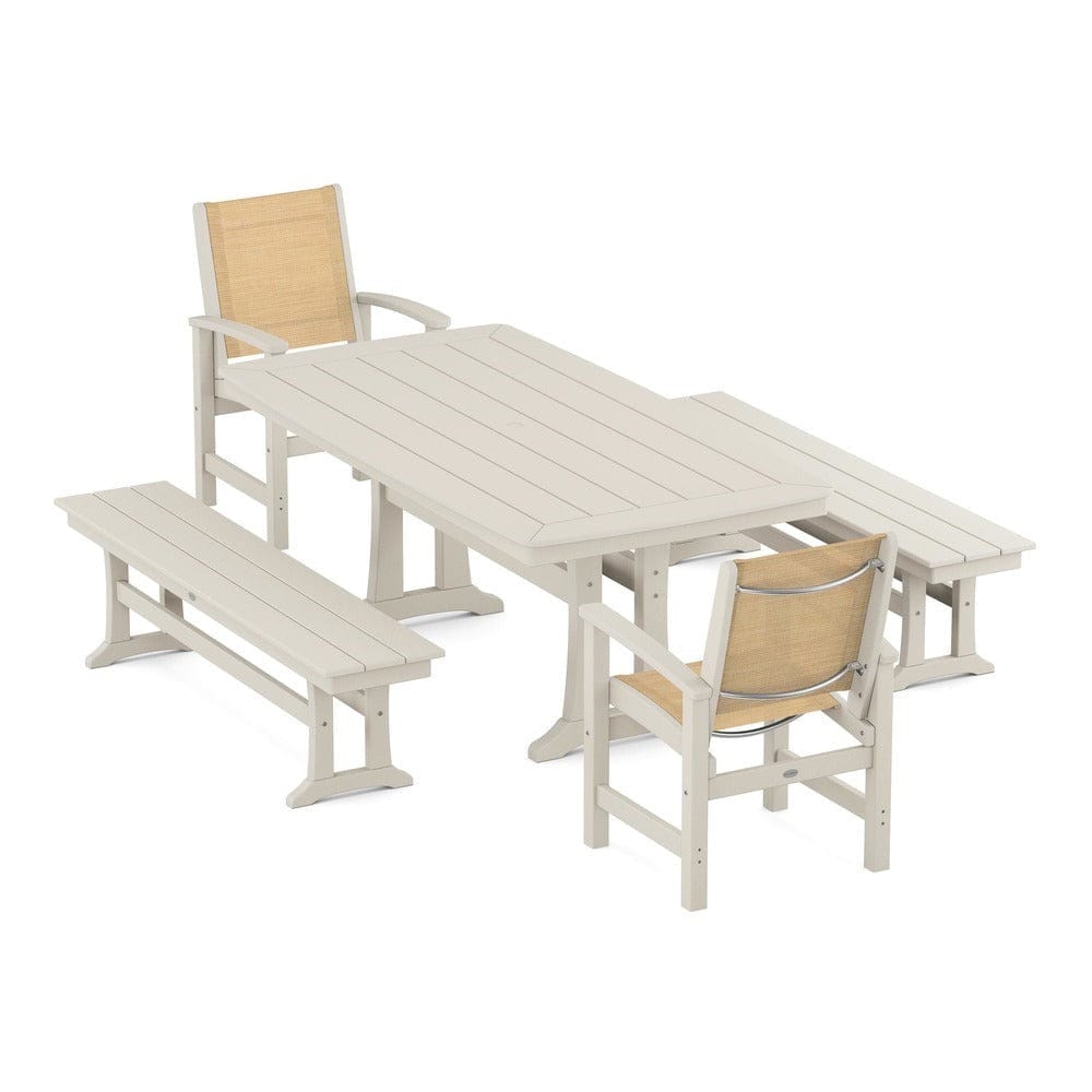 POLYWOOD® - Coastal 5-Piece Dining Set with Trestle Legs and Benches - PWS1036