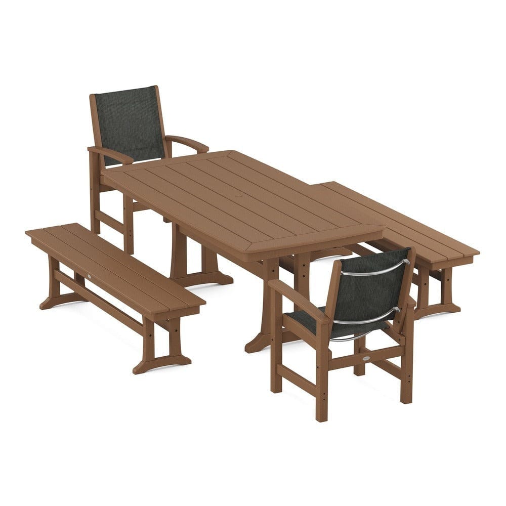 POLYWOOD® - Coastal 5-Piece Dining Set with Trestle Legs and Benches - PWS1036