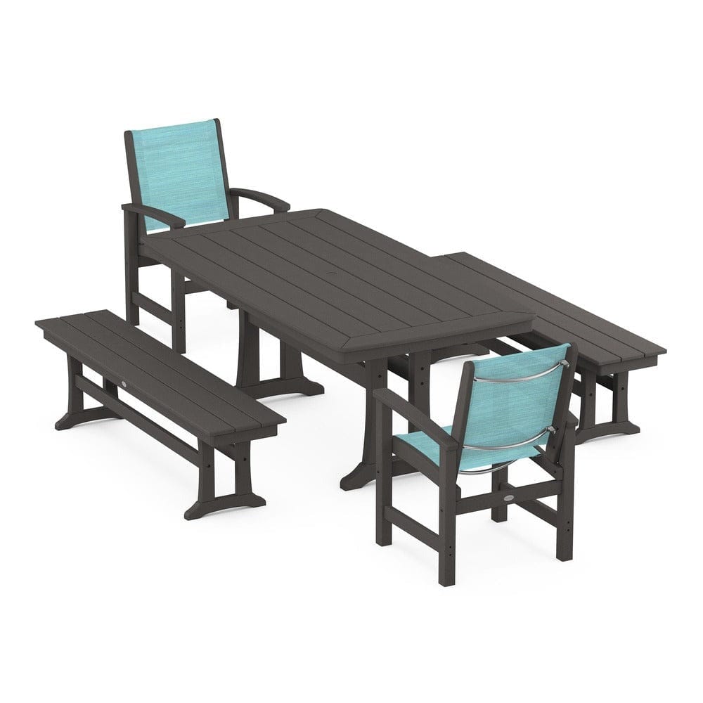 POLYWOOD® - Coastal 5-Piece Dining Set with Trestle Legs and Benches - PWS1036