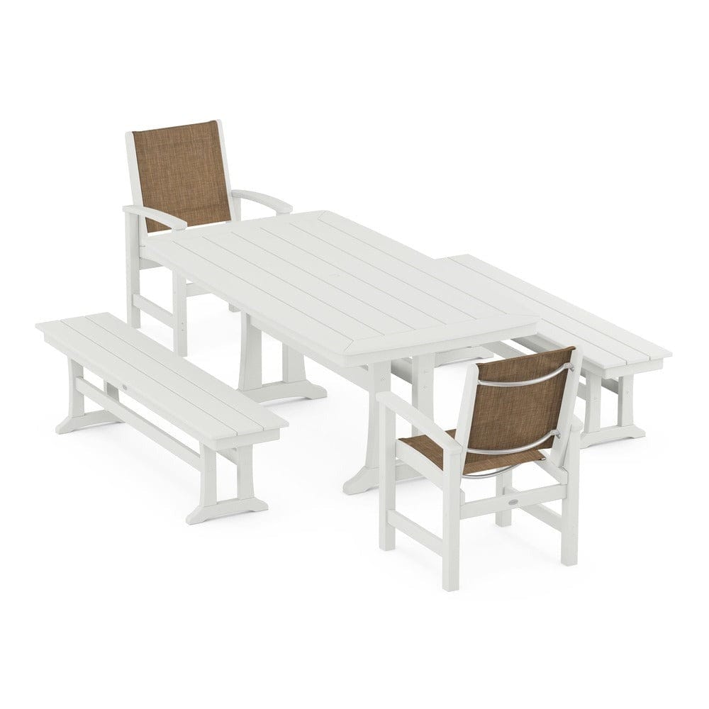 POLYWOOD® - Coastal 5-Piece Dining Set with Trestle Legs and Benches - PWS1036 Outdoor Furniture POLYWOOD®