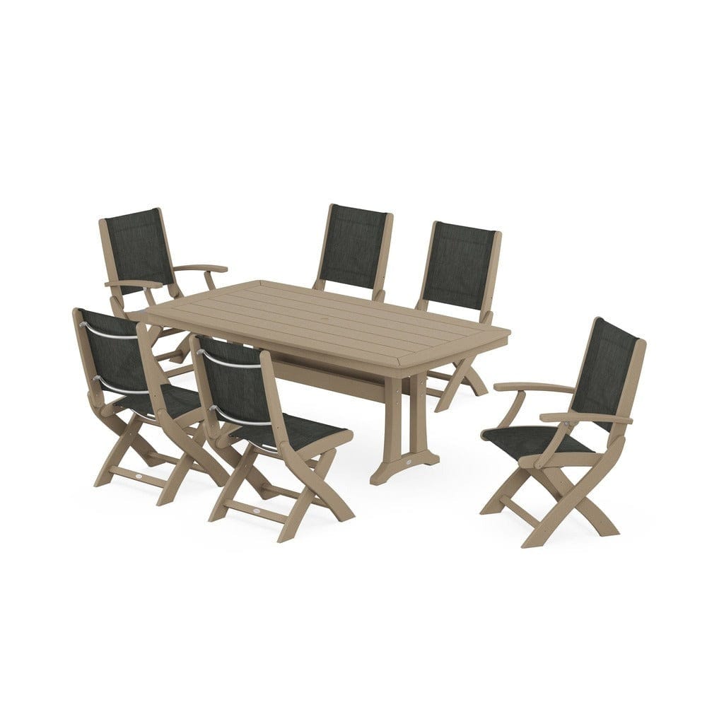 POLYWOOD® - Coastal Folding Chair 7-Piece Dining Set with Trestle Legs - PWS1037 Outdoor Furniture POLYWOOD®