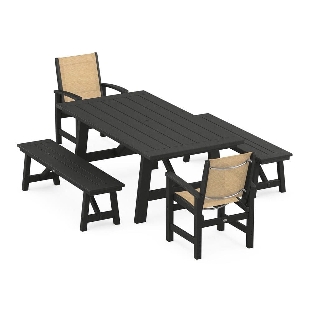POLYWOOD® - Coastal 5-Piece Rustic Farmhouse Dining Set With Benches - PWS1077 Outdoor Furniture POLYWOOD®