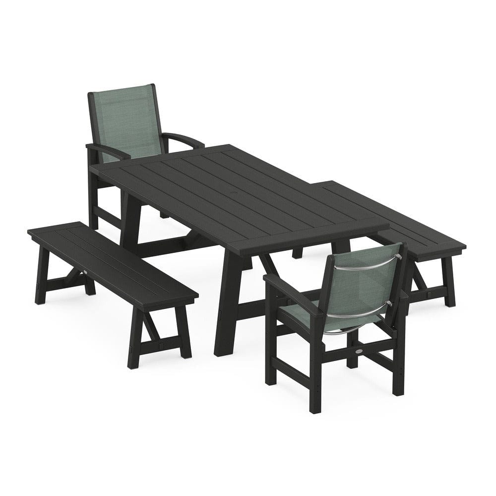 POLYWOOD® - Coastal 5-Piece Rustic Farmhouse Dining Set With Benches - PWS1077 Outdoor Furniture POLYWOOD®