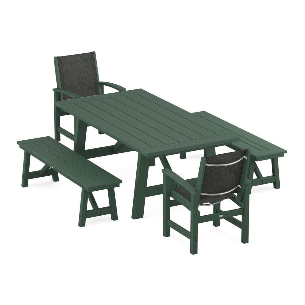 POLYWOOD® - Coastal 5-Piece Rustic Farmhouse Dining Set With Benches - PWS1077 Outdoor Furniture POLYWOOD®