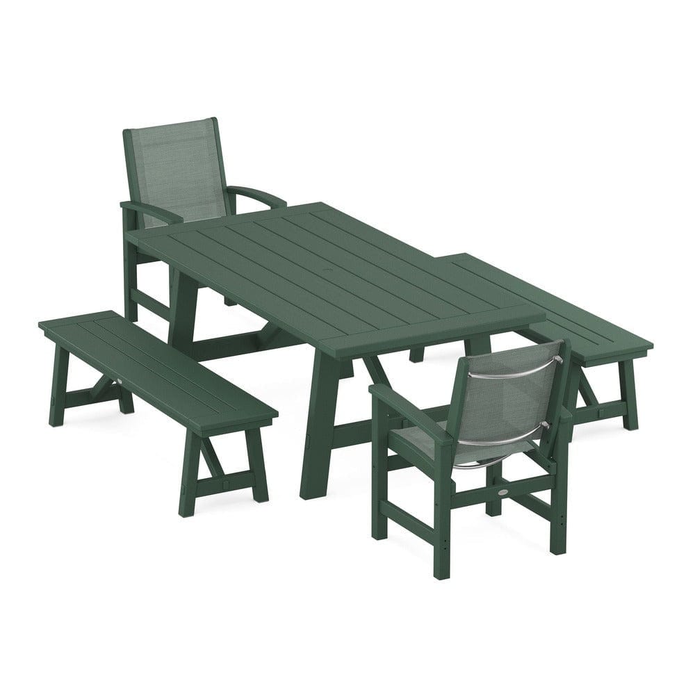 POLYWOOD® - Coastal 5-Piece Rustic Farmhouse Dining Set With Benches - PWS1077