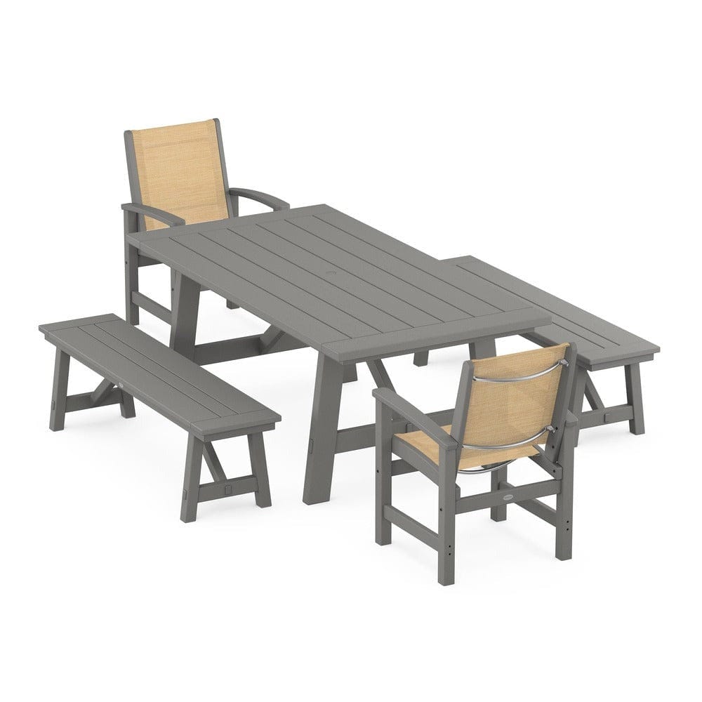 POLYWOOD® - Coastal 5-Piece Rustic Farmhouse Dining Set With Benches - PWS1077